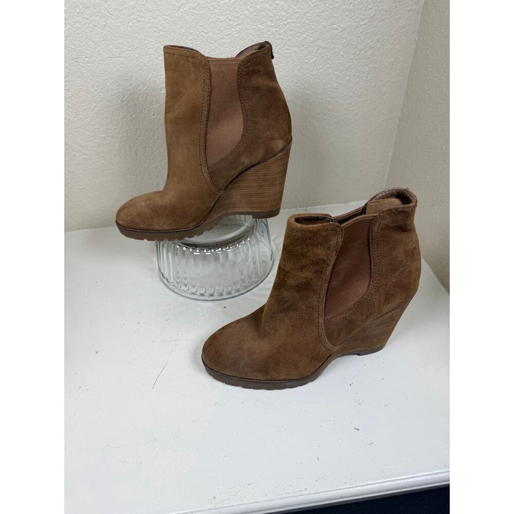 Michael Kors Thea Wedge Ankle Boots - dark carmel suede - size 9